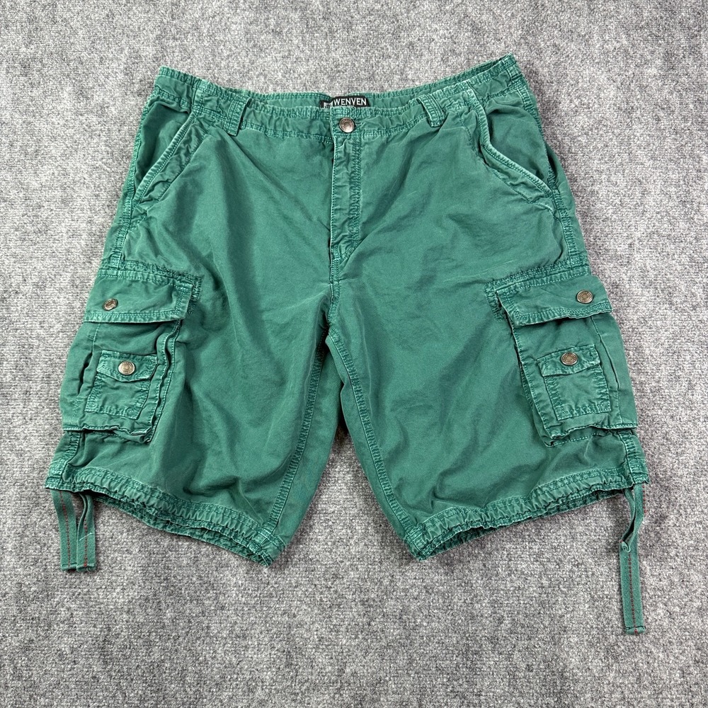 WenVen Cargo Shorts Mens 40 Green Cotton Military Snap Button Pockets Tie Waist
